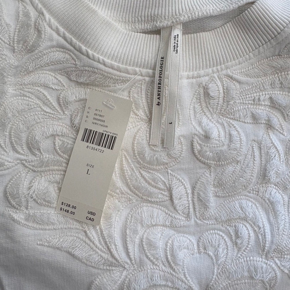Anthropologie Embroidered Puff-Sleeve Sweatshirt L Ivory Floral Crewneck - Picture 4 of 8